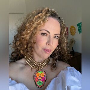 Handcrafted Gold Bead Choker with Vibrant Embroidered Sugar Skull Pendant